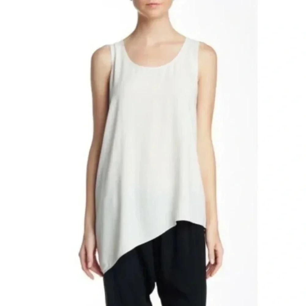 Eileen Fisher Silk Georgette Crepe U-Neck Side Drape Shell Top in Bone Size XL